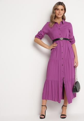 Fioletowa Rozkloszowana Sukienka Maxi z Bawełny w Koszulowym Stylu Onecca