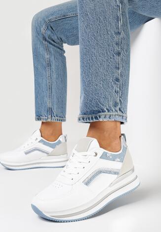 Biało-Niebieskie Sznurowane Sneakersy na Płaskiej Podeszwie Zdobione Brokatem Gerine