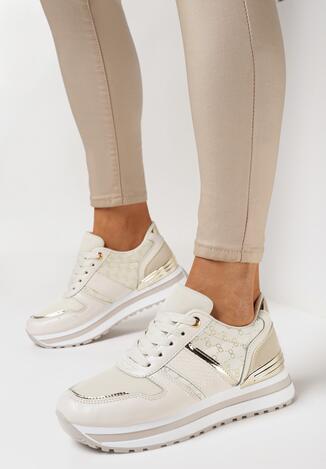 Beżowe Sznurowane Sneakersy na Piankowej Podeszwie z Błyszczącymi Wstawkami Telise