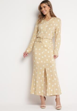Beżowa Spódnica Midi w Kropki z Paskiem w Komplecie Mivema