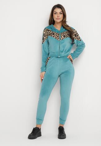 Jasnoniebieski 2-Częściowy Komplet Dresowy z Animal Print Bluza z Kapturem i Spodnie z Kieszeniami Arieli