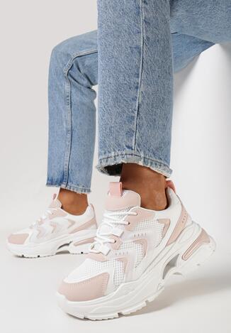 Biało-Różowe Sneakersy na Grubej Podeszwie z Metalicznym Zdobieniem Teda