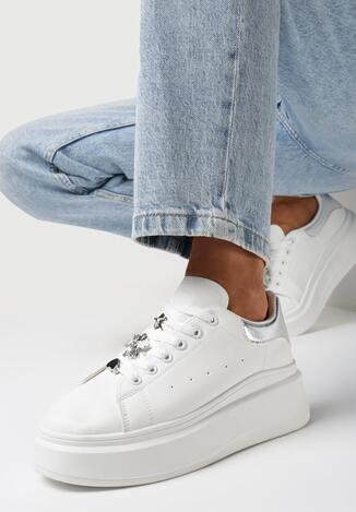 Biało-Srebrne Sznurowane Sneakersy na Grubej Podeszwie Ozdobione Metalicznymi Wstawkami Abista