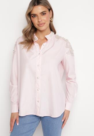 Różowa Koszula z Ozdobnymi Rękawami i Dekoltem Orlenna
