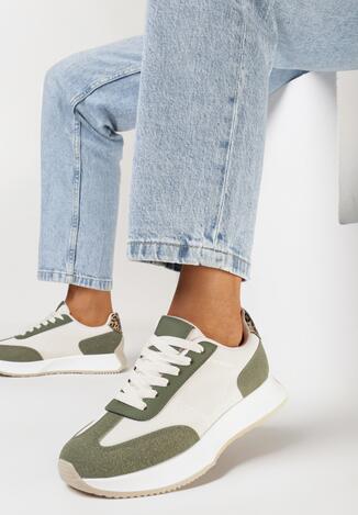 Biało-Zielone Sznurowane Sneakersy z Ozdobnymi Przeszyciami na Grubej Podeszwie Celula