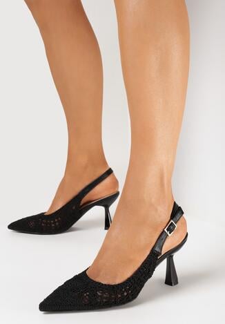 Czarne Sandały na Niskim Obcasie z Plecionką i Sprzączką Anilev