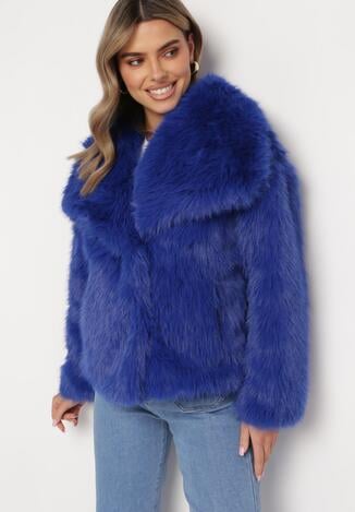 Granatowa Kurtka Futro z Wsuwanymi Kieszeniami Liriena