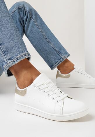 Biało-Złote Klasyczne Sneakersy z Gładkiej Ekoskóry z Brokatowym Zdobieniem Niretal