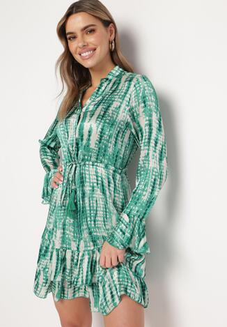 Zielona Sukienka Mini Ozdobiona Falbankami i Akwarelowym Wzorem Panava