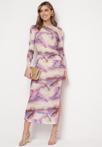 Beżowo-Fioletowa Taliowana Sukienka Maxi z Elastycznej Siateczki z Marmurowym Wzorem Karinda