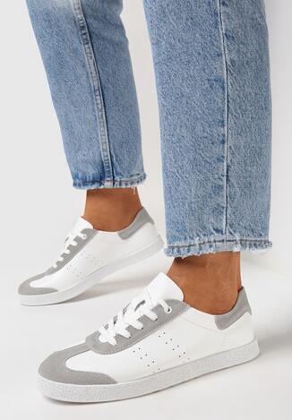Białe Sznurowane Sneakersy ze Skóry z Ozdobnymi Przeszyciami Norina