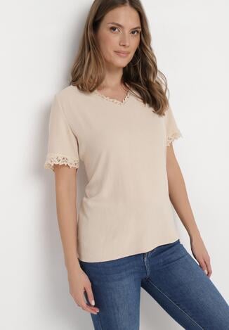 Beżowa Bluzka z Siateczkowymi Wstawkami o Luźnym Fasonie Sylvina