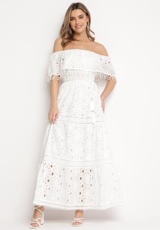 Biała Bawełniana Sukienka Maxi w Stylu Boho Ozdobiona Ażurowym Haftem Hellvia