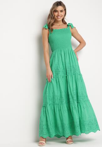 Zielona Bawełniana Sukienka Maxi z Ażurowego Materiału z Wiązanymi Ramiączkami Lariven