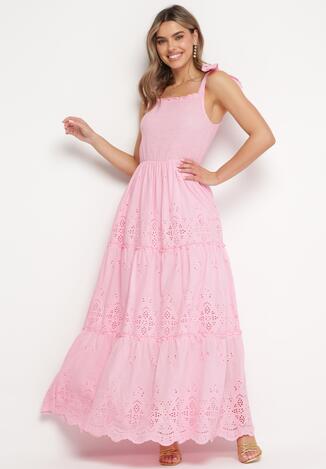 Różowa Bawełniana Sukienka Maxi z Ażurowego Materiału z Wiązanymi Ramiączkami Lariven