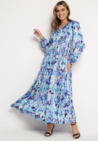 Granatowa Sukienka Maxi z Satynowej Tkaniny w Abstrakcyjny Wzór Wirla