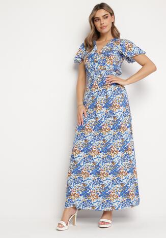 Niebieska Sukienka Maxi z Wiskozy z Gumką w Pasie Ozdobiona Wzorem Nieregularne Kropki Jewellis