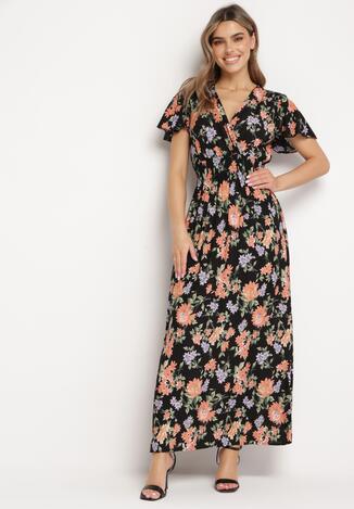 Czarno-Różowa Wiskozowa Sukienka Maxi o Rozkloszowanym Kroju i Kopertowym Dekolcie w Kwiaty Arvelia