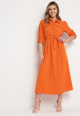 Pomarańczowa Rozkloszowana Sukienka Maxi z Koszulową Górą i Wiązanym Paskiem Indiga