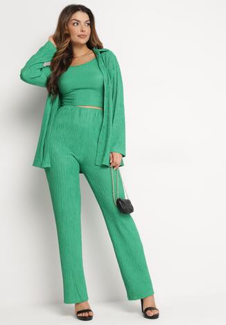 Zielony 3-częściowy Komplet Casual z Plisowanej Tkaniny Spodnie Top i Koszula Farella