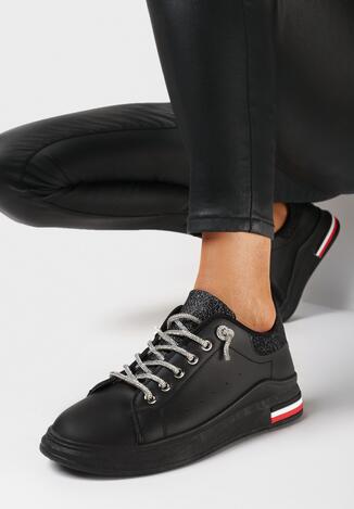 Czarne Sneakersy z Biżuteryjnym Wiązaniem i Brokatowymi Wstawkami Eleria
