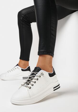 Biało-Czarne Sneakersy z Biżuteryjnym Wiązaniem i Brokatowymi Wstawkami Eleria