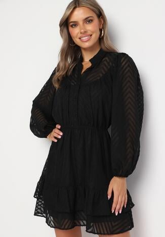Czarna Rozkloszowana Sukienka Mini z Bufiastymi Rękawami i Falbanką Illathi