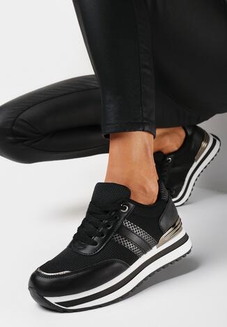 Czarne Sznurowane Sneakersy na Grubej Podeszwie z Połyskującymi Wstawkami Verinatte