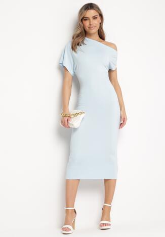 Jasnoniebieska Asymetryczna Sukienka Midi o Dopasowanym Fasonie Tivalle