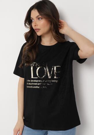 Czarny T-shirt z Bawełny Ozdobiony Nadrukiem i Koronką Naliressa