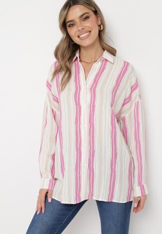 Beżowo-Fuksjowa Bawełniana Koszula w Paski o Luźnym Kroju Lievan