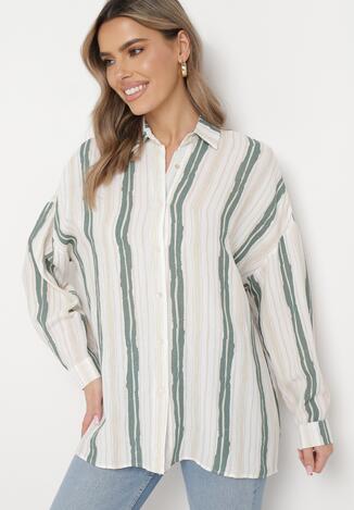 Beżowo-Zielona Bawełniana Koszula w Paski o Luźnym Kroju Lievan