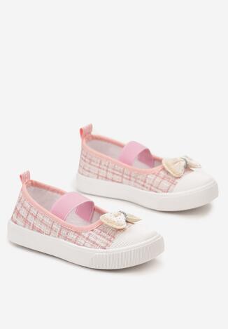 Różowe Tenisówki Tweedowe z Elastycznym Paskiem i Kokardką Liorasse