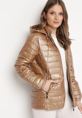 Ciemnobeżowa Pikowana Kurtka Metaliczna z Kapturem Slaissa