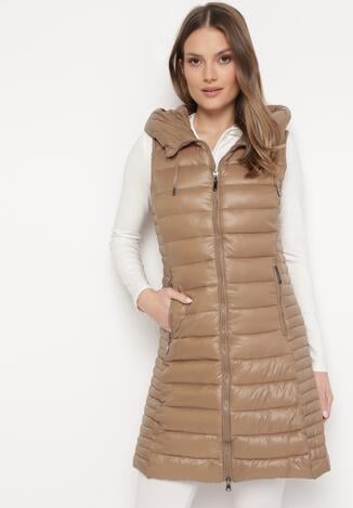 Ciemnobeżowa Długa Kamizelka Pikowana z Kapturem Caileth