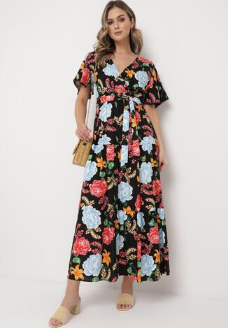 Czarno-Niebieska Sukienka Maxi z Gumką w Talii z Szerokimi Rękawami i Kwiatowym Printem Nodriala
