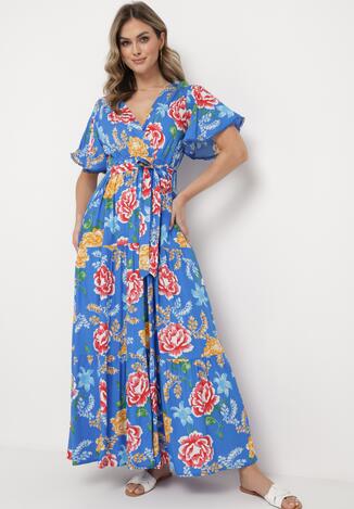 Niebieska Sukienka Maxi z Gumką w Talii z Szerokimi Rękawami i Kwiatowym Printem Nodriala