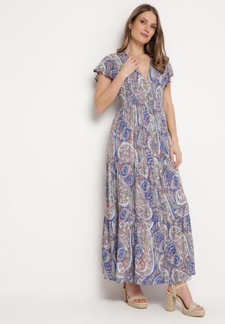 Granatowo-Beżowa Sukienka Maxi z Gumką Pod Biustem i Orientalnym Wzorem Uniwia