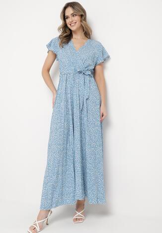 Niebieska Sukienka Maxi z Wiązanym Paskiem i Kopertowym Dekoltem z Gumką w Talii Liorllita