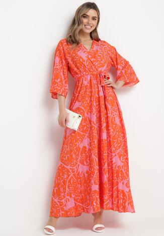 Pomarańczowa Plisowana Sukienka Maxi z Kopertowym Dekoltem Wiązana w Pasie Irmgardia