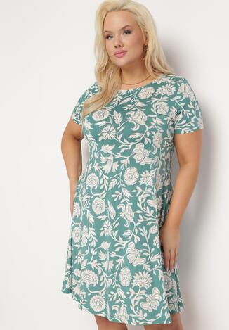 Zielona Sukienka w Kwiatowy Wzór z Rozkloszowanym Dołem z Wiskozy Anlafia