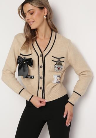 Beżowy Wiskozowy Kardigan Zapinany na Guziki z Cekinami Naszywkami oraz Cyrkoniami Evalo