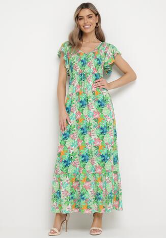 Zielona Sukienka Maxi z Kwiatowym Wzorem i Gumką w Talii Oleccte