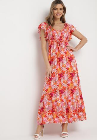 Pomarańczowa Sukienka Maxi z Kwiatowym Wzorem i Gumką w Talii Oleccte