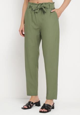 Zielone Spodnie z Wiązanym Paskiem Paper Bag Biras