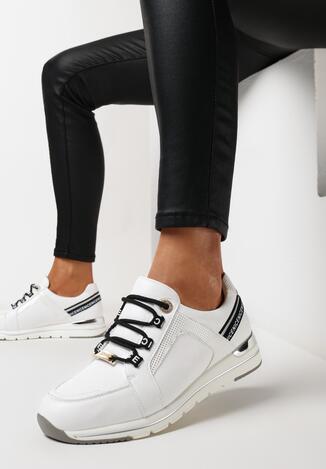 Białe Sneakersy Sznurowane z Metalową Wstawką i Perforacją ze Skórzaną Wkładką Pixia