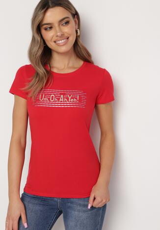 Czerwony T-shirt z Bawełny Ozdobiony na Froncie Nadrukiem Pandoma