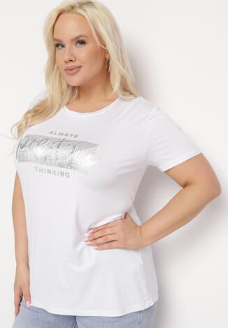Biały T-shirt z Ozdobnym Nadrukiem z Metalicznym Połyskiem Neomania