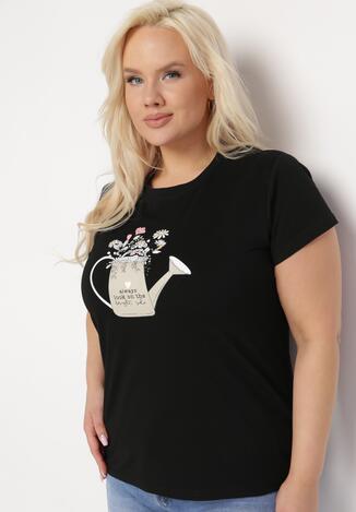 Czarny Bawełniany T-shirt z Ozdobnym Nadrukiem Littana