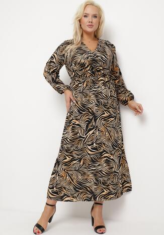 Czarno-Brązowa Sukienka Maxi w Abstrakcyjny Print Wiązana w Pasie Elennora